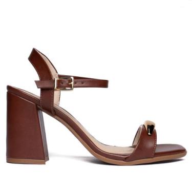 Imagem de Sandália Feminina Ramarim Salto Bloco Aplique Dourado Marrom, Marrom, 