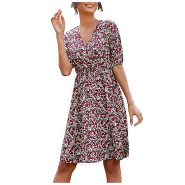 Imagem de Vestido feminino com decote em V casual floral patchwork sólido temper