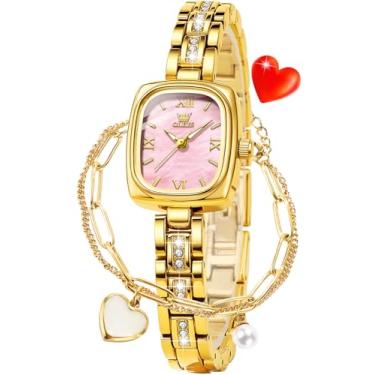 Imagem de OLEVS Relógio de pulso feminino dourado, quadrado, quadrado, elegante, pequeno, fino, 3695: rosa