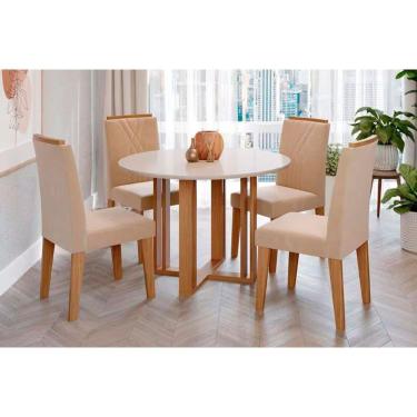 Imagem de Sala de Jantar Completa Flora c/ Tampo Madeirado c/ Vidro 109cm e 4 Cadeiras Nicole Cinamomo/Off White - Savana/Nature-Suede Nude - Cimol