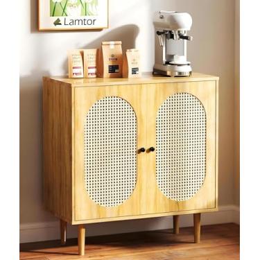 Imagem de Lamtor Buffet de aparador de vime - aparador com portas curvas de armazenamento - detalhes com pés de madeira maciça, mesa de console multifuncional para sala de estar, corredor, cozinha, entrada