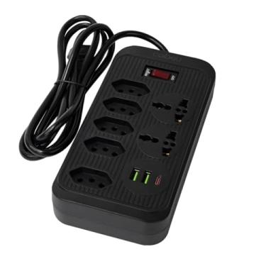 Imagem de Extensão Elétrica 2 Metros 5 Tomadas 10A + 2 Internacionais USB (2A) e USB-C Régua Multifunção para Casa, Escritório, Carregadores e Eletrônicos com Chave Liga/Desliga PREMIUM (Preto)