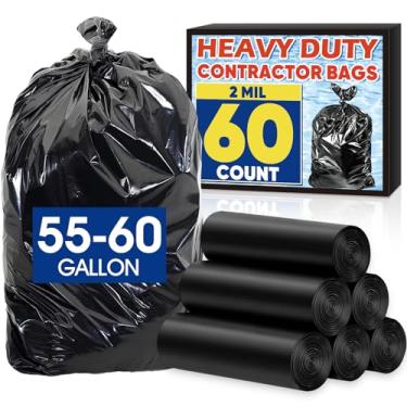 Imagem de AROIC Sacos de lixo resistentes de 55 a 60 galões, 60 sacos de lixo pretos grandes - 2 MIL - Forros de lata de plástico resistentes e resistentes a rasgos para sacos industriais, domésticos, de