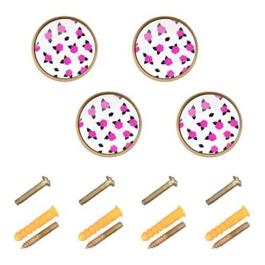 Imagem de Burbuja Maçanetas de armário de cozinha Pink Roses, pacote com 4, puxadores redondos de 3,5 cm, puxadores de cômoda com parafusos para armários de cozinha, quarto, armário