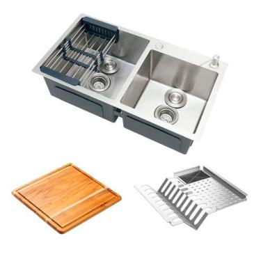 Imagem de Kit Cuba para Cozinha Gourmet com Escorredor e Tábua de Corte Awá Aço 