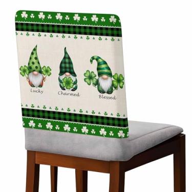 Imagem de Farmhouse Gnome Capa de cadeira de jantar retrô de linho, conjunto com 4, capas removíveis para cadeiras de cozinha, trevo do dia de São Patrício, laváveis, para casa, sala de jantar, escritório