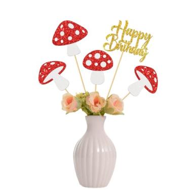 Imagem de Palitos de centro de mesa de feliz aniversário de cogumelo - centros de mesa de festa de aniversário para meninos e meninas - Chá de bebê - Decorações de mesa de festa com tema de floresta de fadas