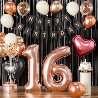 Imagem de Decorações de aniversário de 16 anos para meninas, ouro rosa e balões pretos doces 16 meninas rosa choque aniversário feliz 16 bandeira ouro rosa número 16 balão para decoração de festa de 16 anos