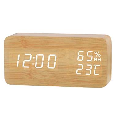 Imagem de Relógio de Mesa Madeira com Alarme Dia Data Temperatura e Umidade Brilho Ajustável em 3 Níveis Controle por Voz Termômetro Higrômetro Interno Digital Multifuncional para Casa Escritório Estufa Jardim