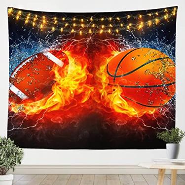 Imagem de Erosebridal Tapeçaria de parede de futebol para meninos e crianças, tapeçarias de basquete, tapeçaria esportiva, 51x59, arte de parede de fogo e gelo, decorações de futebol de rúgbi, meninas, jogo de