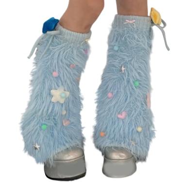 Imagem de BLULILY Aquecedor de perna de pelúcia de anime japonês para mulheres, meninas, multicolorido, laço de estrela, com laço felpudo, capas para botas sem pés