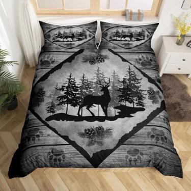 Imagem de Capa de edredom queen size de veado, pinheiros, selvagem, silhueta de animal selvagem, conjunto de cama para crianças, adolescentes e adultos, estampa de pata, cinza, listras de madeira, estilo