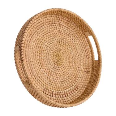 Imagem de Bandeja redonda de vime, bandeja tecida à mão com alças, bandeja de mesa de centro decorativa otomana, cesta de armazenamento de vime para chá, frutas, pão (natural, 30 cm)