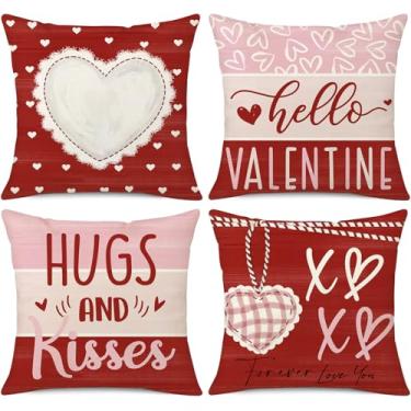 Imagem de NIGHTWISH Capas de almofada listradas vermelhas para Dia dos Namorados Love Hearts 45,7 x 45,7 cm Conjunto de 4 abraçadeiras e beijos XOXO Valentine Capas de almofada para decoração de casa