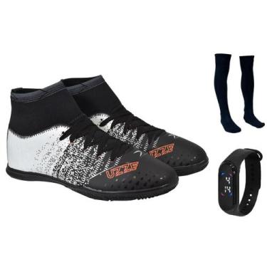 Imagem de Chuteira Campo Adulto Botinha Travas + Meião + Relógio - Uzze, Preto, 