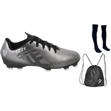 Imagem de Chuteira Campo Adulto Travas Costurada UZ + Meião Mochila - Uzze, Pret