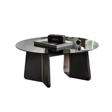 Imagem de Mesa de centro toda de madeira maciça mesa de café moderna minimalista redonda de vidro mesa de chá pequeno apartamento sala de estar casa mesa de chá preto mesa de quarto