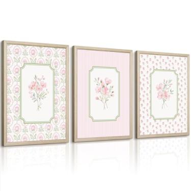 Imagem de Arte de parede floral rosa decoração de parede em tela de flores de bebê menina imagens de flores silvestres estéticas listradas botânicas impressões rosa verde pintura floral arte para quarto de