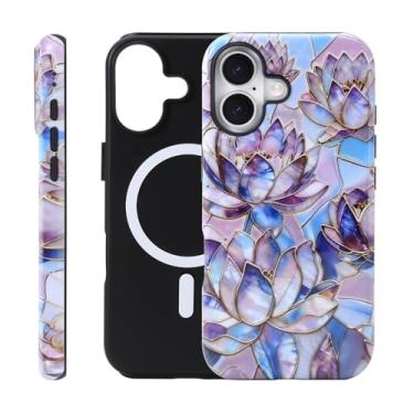 Imagem de Fourmor Capa para iPhone 16 Plus - Carregamento sem fio para MagSafe, capa externa rígida de policarbonato + capa protetora interna de TPU macio de 2 camadas, estampa abstrata de lótus roxo 3D