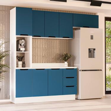 Imagem de Cozinha Modulada 4 Peças com Tampo e Rodapé Maeena Politorno - Branco com Azul