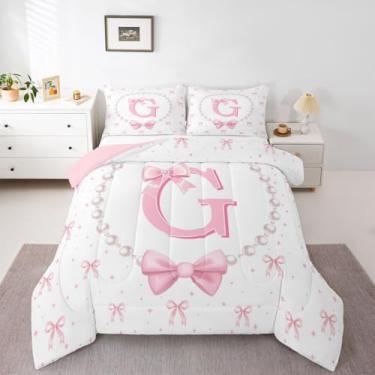 Imagem de Erosebridal Conjunto de edredom Queen com laço rosa para meninas, letra G, laço com monograma, fita rosa, decoração de quarto com 2 fronhas