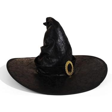 Imagem de Chapéu de bruxa para cosplay de Halloween preto com fivela dourada - y