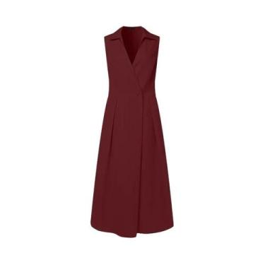 Imagem de Vestido Midi Feminino Sem Mangas Com Decote Em V ZANZEA Elegante Liso 