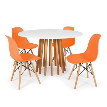 Imagem de Conjunto Mesa de Jantar Talia Amadeirada Branca 120cm com 4 Cadeiras Eames Eiffel - Laranja