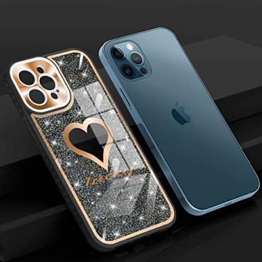Imagem de Capa de telefone glitter de luxo para iphone 13 pro max 12 12pro 11 promax amor coração cd padrão proteção de câmera capa acrílica tpu, preta, para iphone 12 promax