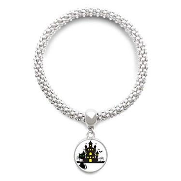 Imagem de DIYthinker Pulseira de prata de gato com pingente de castelo sombrio de Halloween com pingente de joia e corrente ajustável