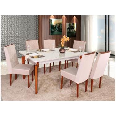 Imagem de Mesa de Jantar 6 Cadeiras Retangular Madeira Maciça Mel e Off-White Ta