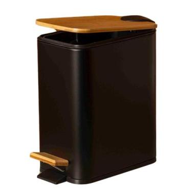 Imagem de Lixeira Retangular 5L com Pedal e Tampa de Bambu Soft Preto Prática e 