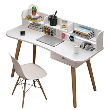 Imagem de Mesa de computador branca moderna minimalista com perna de madeira maciça, mesa de computador portátil com rack de armazenamento, móveis de quarto para casa, dormitório, mesa de trabalho para