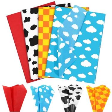 Imagem de Bolsome 100 Peças De Papel Seda Com Desenho Animado, Céu Azul, Nuvens Brancas, Vaca, Xadrez Amarelo, Para Embrulho Presente, Festa Aniversário, Chá Bebê, Materiais Artesanato Faça Você Mesmo, 20 × 1