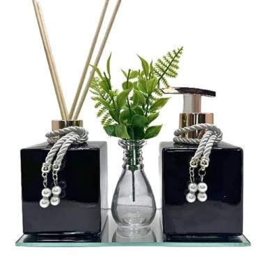 Imagem de Conjunto de banheiro em vidro cúbico 250 ml Saboneteira e difusor + Vaso com folhas verdes + Bandeja espelhada