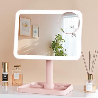 Imagem de Famihomii Espelho de maquiagem iluminado recarregável para meninas, espelho de mesa com luzes, espelho de aumento destacável de 10x, base de armazenamento, rotação de 360°, luzes reguláveis para
