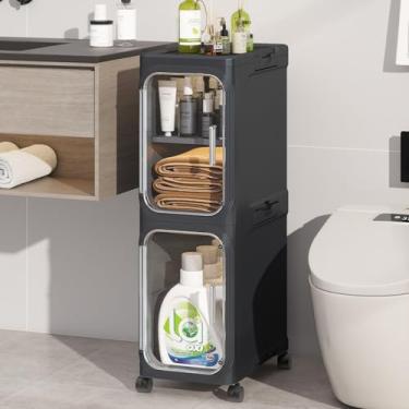 Imagem de KHNR Armário de armazenamento fino de 2 camadas, armários de armazenamento dobráveis, armazenamento estreito para banheiro, organizador móvel para pequenos espaços, banheiro, cozinha, lavanderia