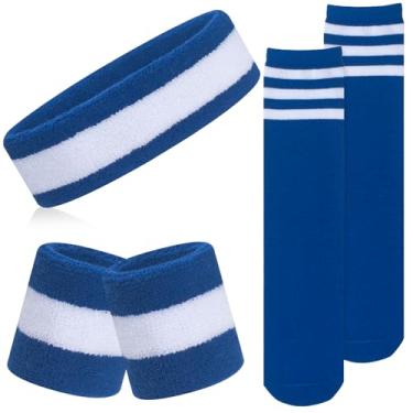Imagem de ONUPGO Conjunto de 5 peças de meias para crianças – faixa de cabeça esportiva, pulseiras, meias altas listradas para crianças, jovens, crianças pequenas e bebês – futebol, basquete, corrida, ciclismo