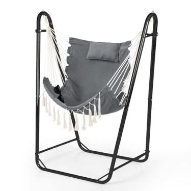 Imagem de ﻿Hammock Chair with U Shape Stand, Cotton Swing Chair with Side Pocket, Heavy-Duty Metal Frame with Hanging Seat, Multi-Functional Swing Stand for Indoor and Outdoor Patio Yard Garden (BlackGray)