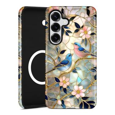 Imagem de Aitipy Capa para celular compatível com MagSafe para Samsung Galaxy S23 Plus, linda capa de telefone com design magnético de pássaro de flor de vidro manchado, TPU macio e policarbonato rígido para