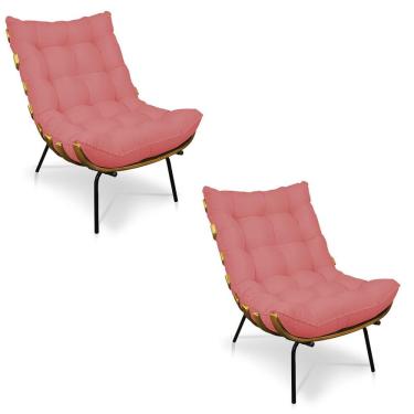 Imagem de Kit 02 Poltronas Costela Linho Whiski Rose A106 Base De Metal - D'Rossi