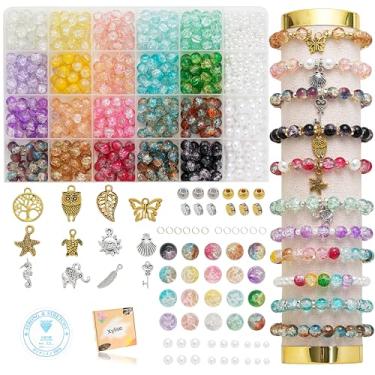 Imagem de Xylise Kit de fabricação de pulseiras de contas de vidro, 20 cores, contas de vidro rachadas de 8 mm para fazer joias, contas redondas de vidro de cristal, kit de pulseira da amizade para artesanato