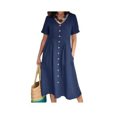 Imagem de Vestido De Algodão E Linho plus Size Com Decote Em V, Manga Curta, Bot