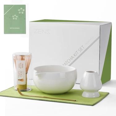 Imagem de ZENS Conjunto de batedor Matcha, tigela matcha de cerâmica de 425 g com bico e batedor de bambu, suporte para batedor (Chasen), colher e toalha de chá, 5 peças de kit de chá matcha presente para