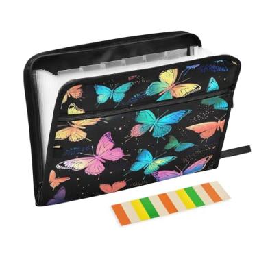 Imagem de Wassud Acordeão de borboletas brilhantes coloridas organizadoras de arquivos de papel A4 pastas de arquivo de documentos com etiquetas pasta de arquivo expansível com 13 bolsos