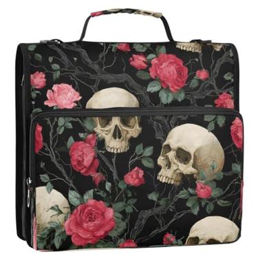 Imagem de CEBUGI Fichário de 3 anéis com zíper com alça de ombro, pasta de arquivo expansível de 3,8 cm, anéis D, para escola, escritório, caveiras e rosas