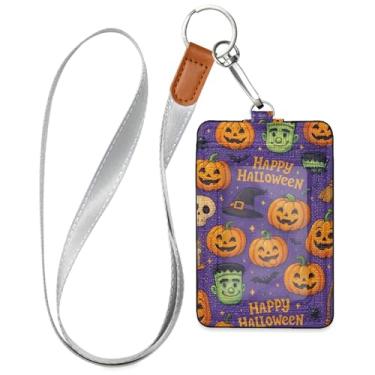 Imagem de Wassud Porta-crachá de couro PU Happy Halloween Party com cordão, porta-cartão de identificação para trabalho, cordão de pescoço com compartimentos para cartões de crédito, funcionários, estudantes