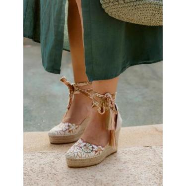 Imagem de Sandália Anabela Alta Romero Bordado Silvestre Rosa - Alhamas, Rosa, 3