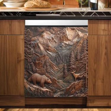 Imagem de Capa magnética para lava-louças Mountain Bear, capa de máquina de lavar louça, decalque do painel da porta da frente, adesivo de geladeira retrô para decoração de cozinha, capa magnética para