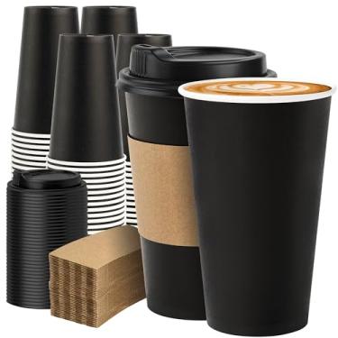 Imagem de METAPRINT Pacote com 100 xícaras de café descartáveis de 473 ml com tampas e mangas, copos de papel resistentes para bebidas quentes/frias, xícaras de café à prova de vazamento com tampas para casa